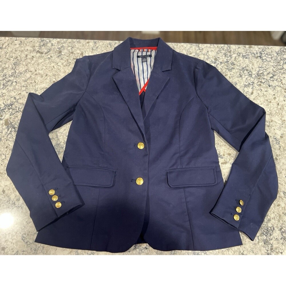 TOMMY HILFIGER NAVY COTTON STRETCH BLAZER W/RED TRIM & GOLD BUTTONS SZ 10